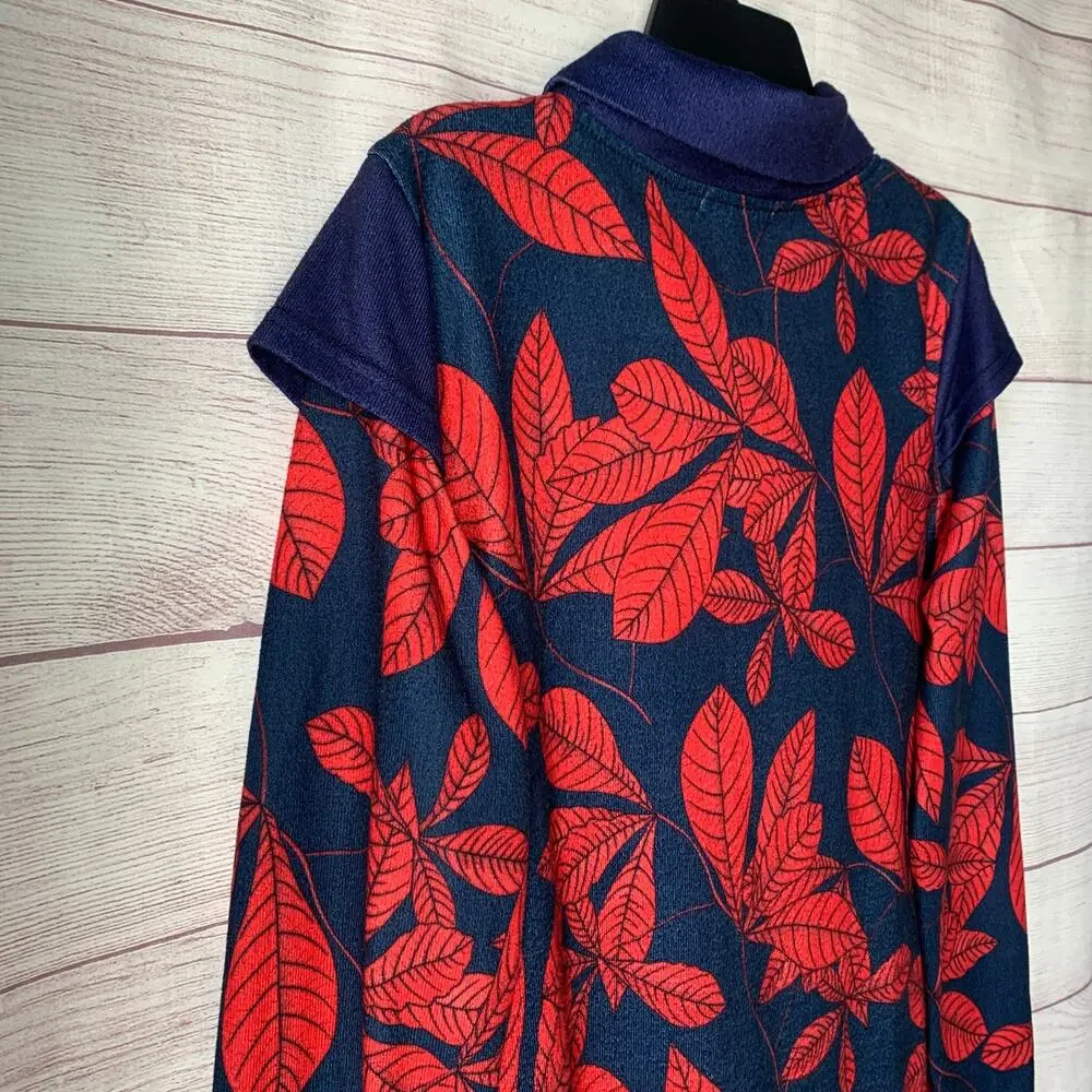 Reborn Navy Blue with Red Leaf Pattern Dress Folded Cowl Neck Fall Leaves XL